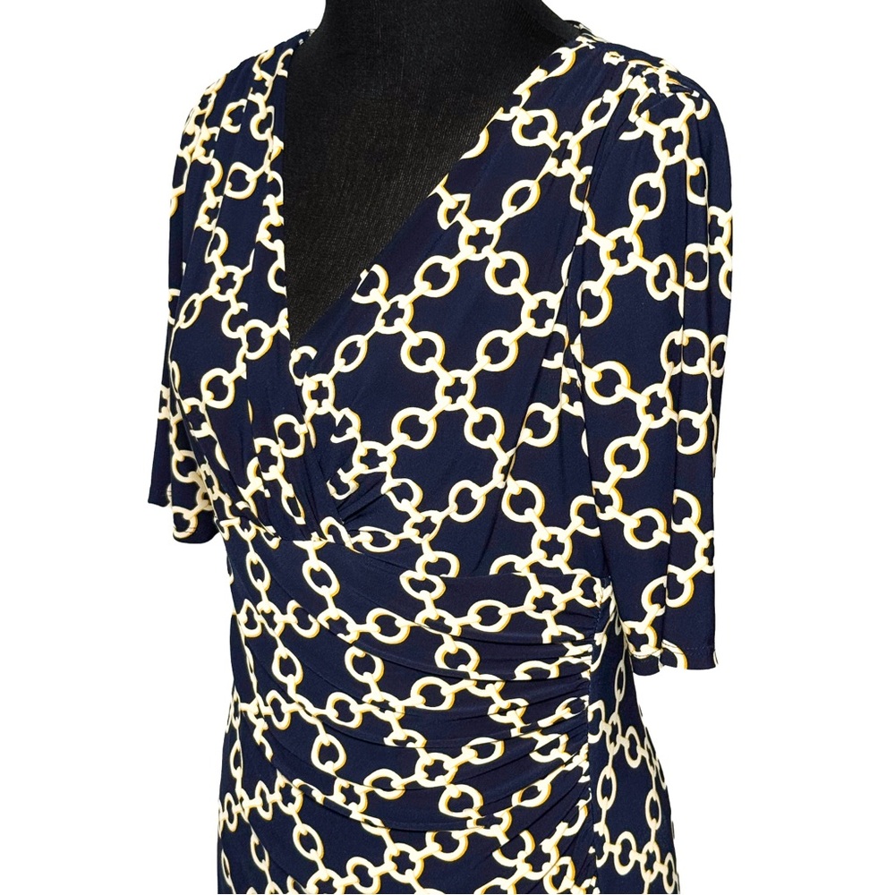 Lauren Ralph Lauren Wrap Dress Navy Blue Gold Chains 10 Classic Preppy Stretch - Picture 12 of 12